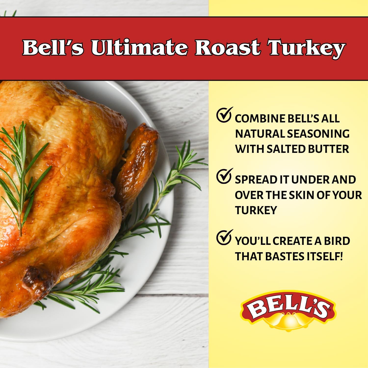 BELL'S seasoning coating roasted chicken for flavorful, crisp skin