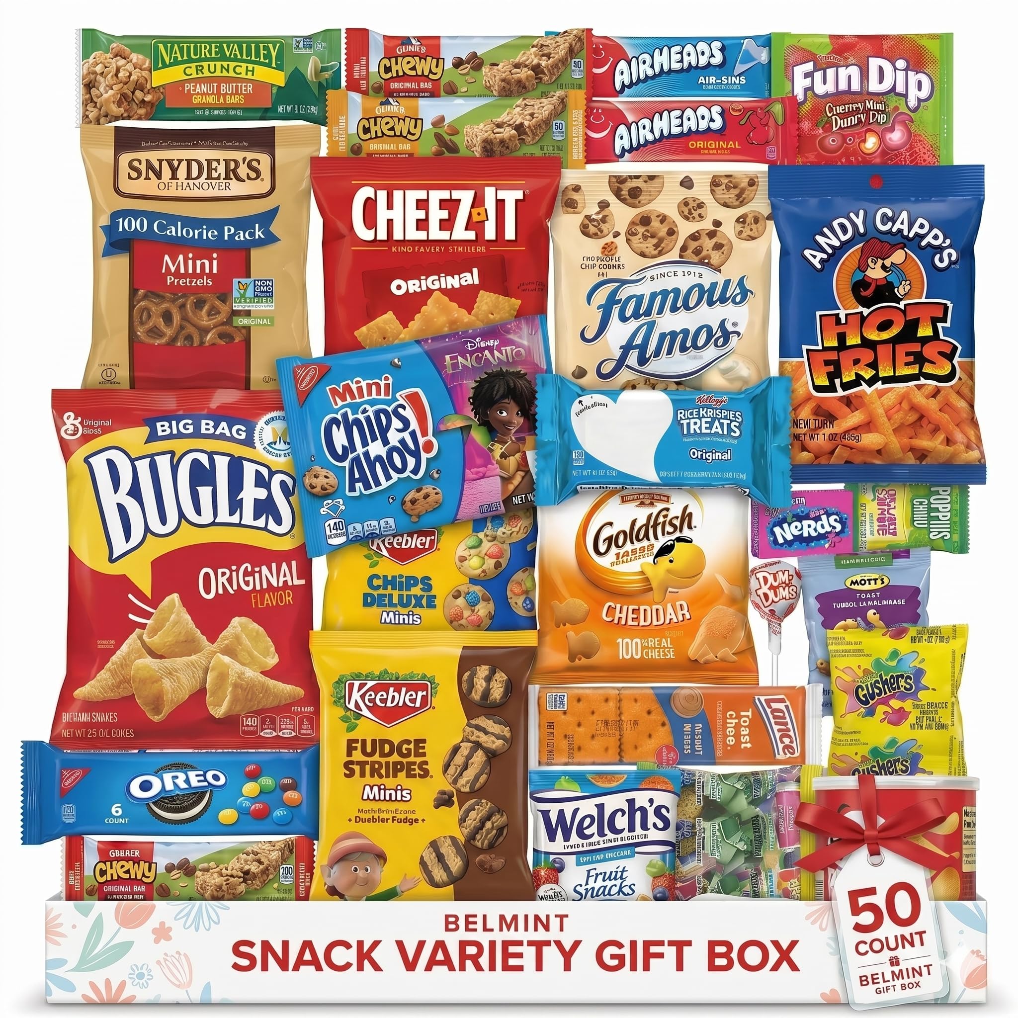 Belmint front packaging showing full 50-count snack assortment and convenience