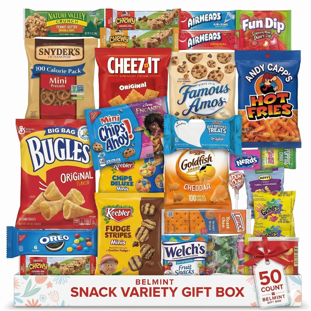 Belmint front packaging showing full 50-count snack assortment and convenience