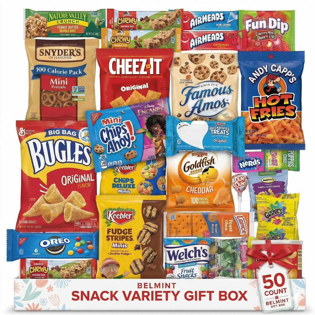 Belmint front packaging showing full 50-count snack assortment and convenience