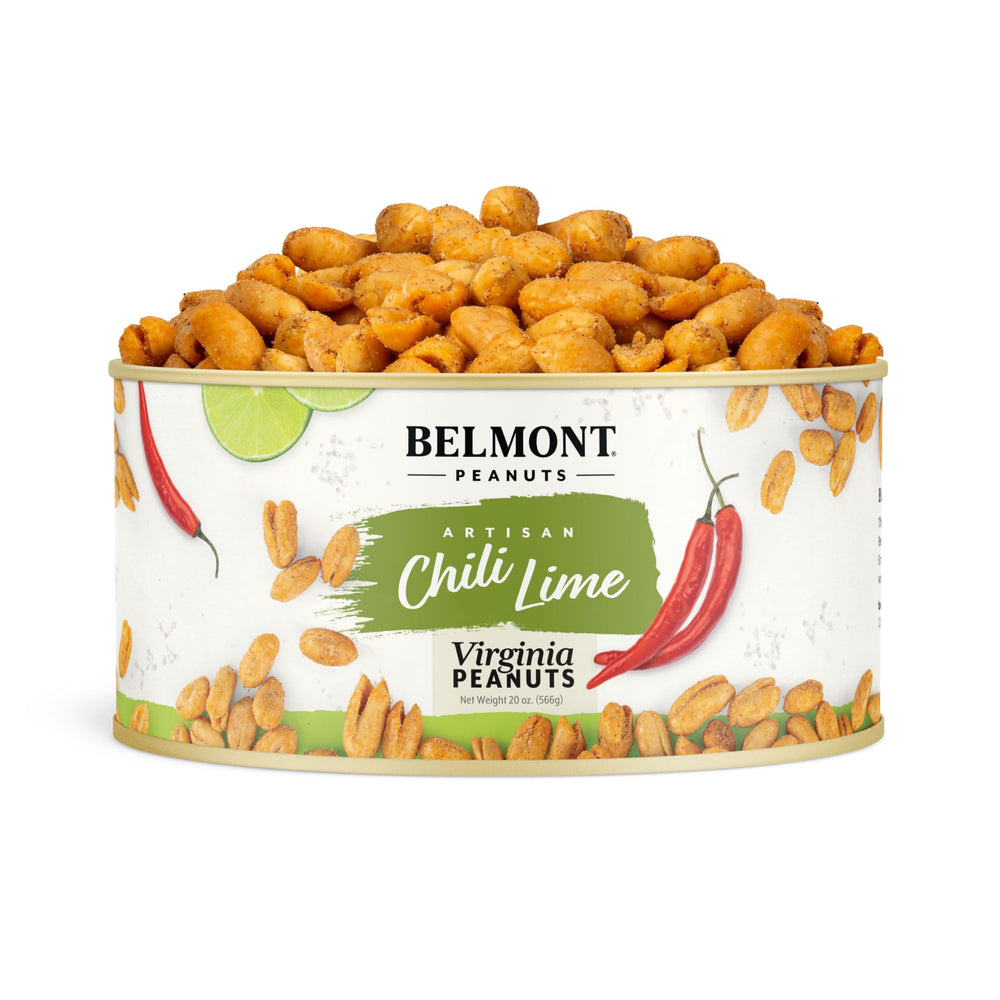 Belmont Peanuts front packaging showing 20 oz tub and chili lime label benefits