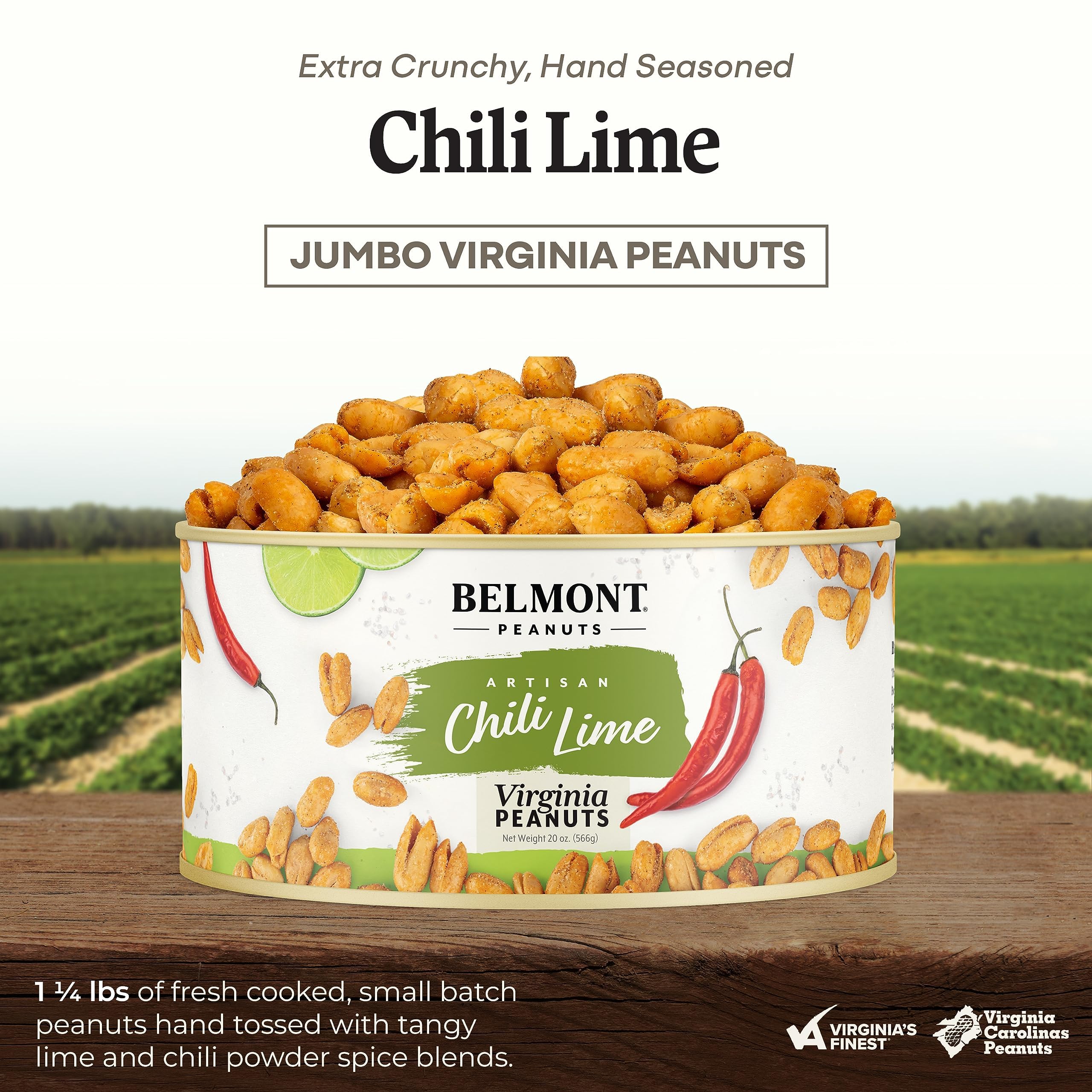 Belmont Peanuts open tub top view with crunchy kernels ready to snack