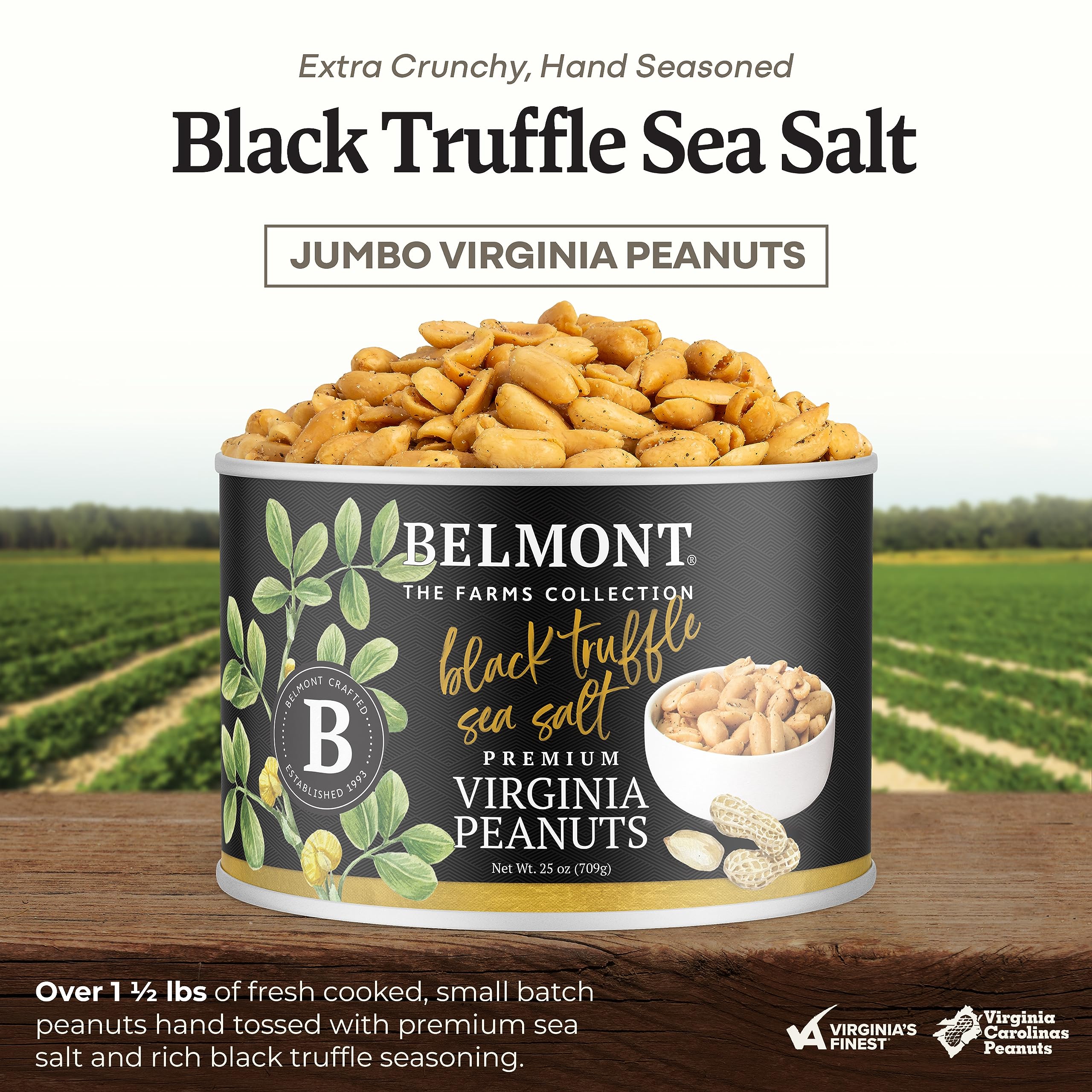 Belmont Peanuts open tin with glossy roasted nuts, freshness and crunch visible