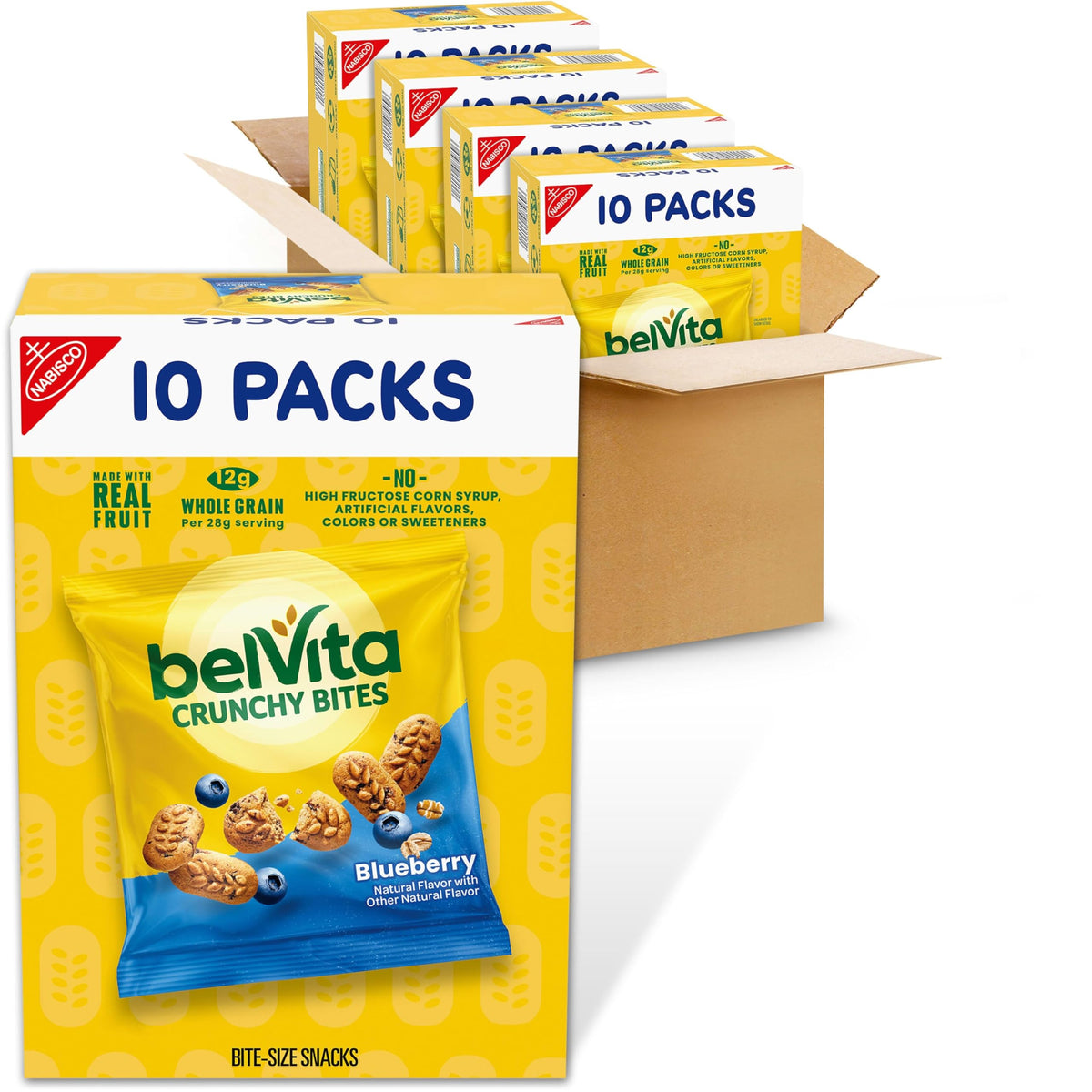 belVita front packaging showing blueberry crunchy bites and convenient box