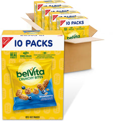 belVita front packaging showing blueberry crunchy bites and convenient box