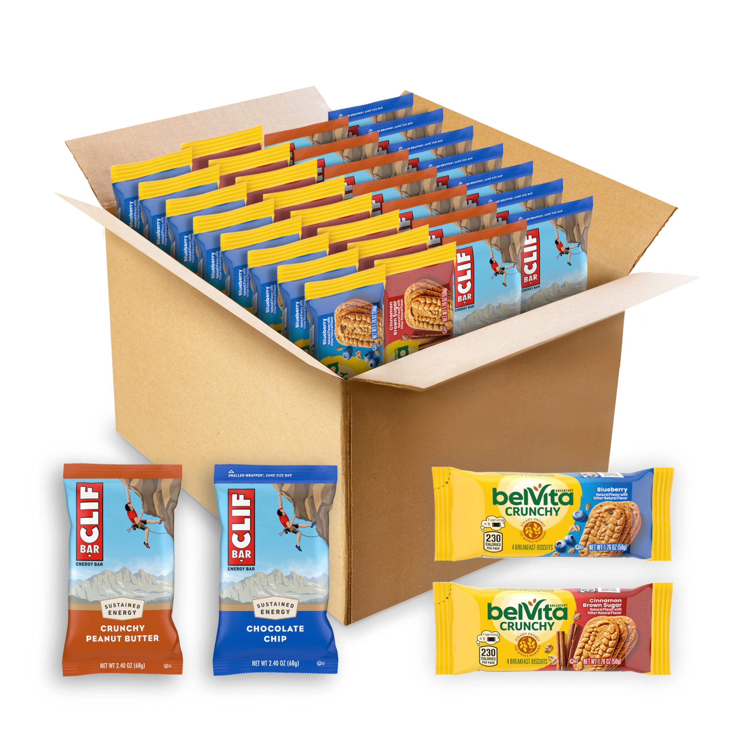 Belvita and CLIF variety pack front showing box and wrappers for quick selection