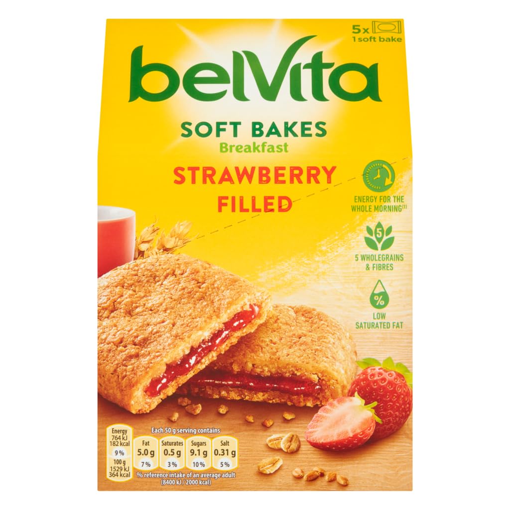 Belvita front pack showing wholegrain biscuits and strawberry filling for quick breakfasts
