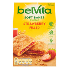 Belvita front pack showing wholegrain biscuits and strawberry filling for quick breakfasts