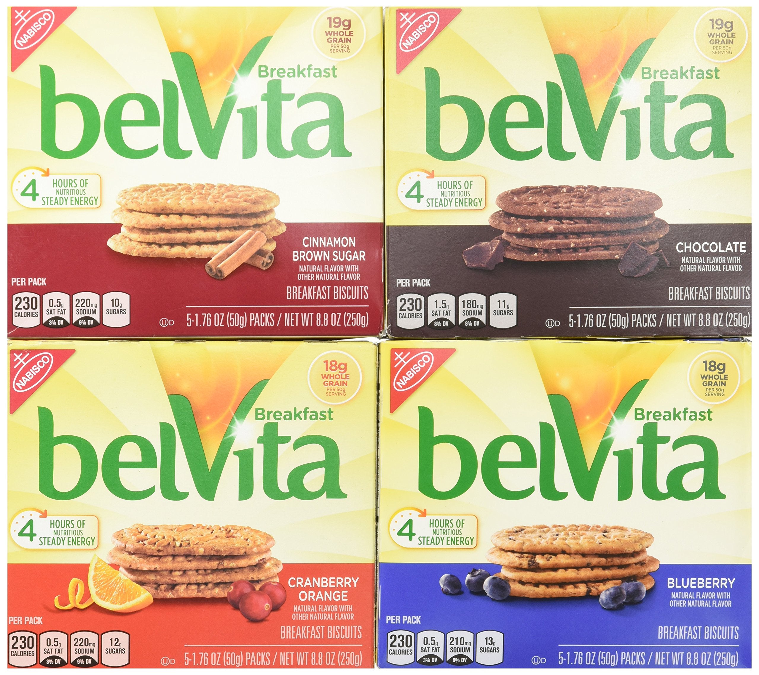 BelVita variety pack front view showing four boxed flavors for convenient breakfasts