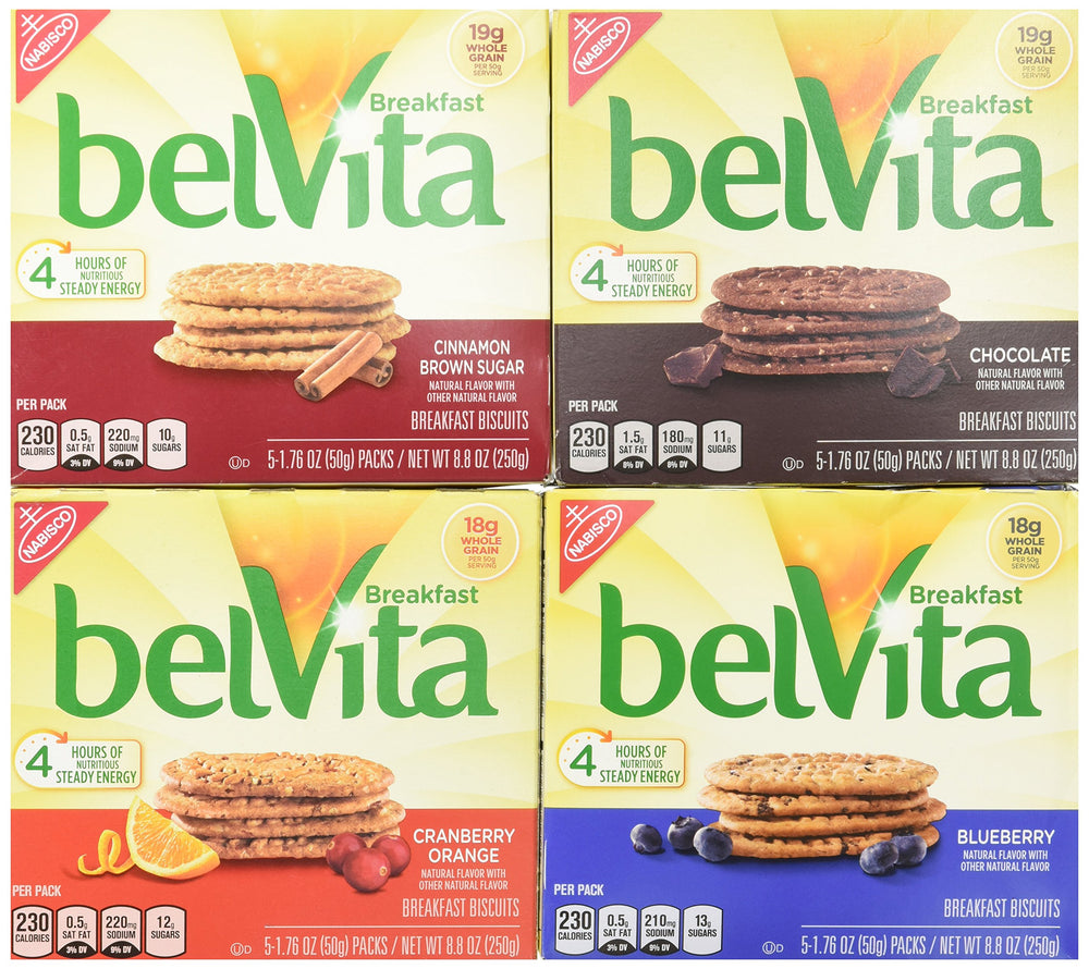 BelVita variety pack front view showing four boxed flavors for convenient breakfasts