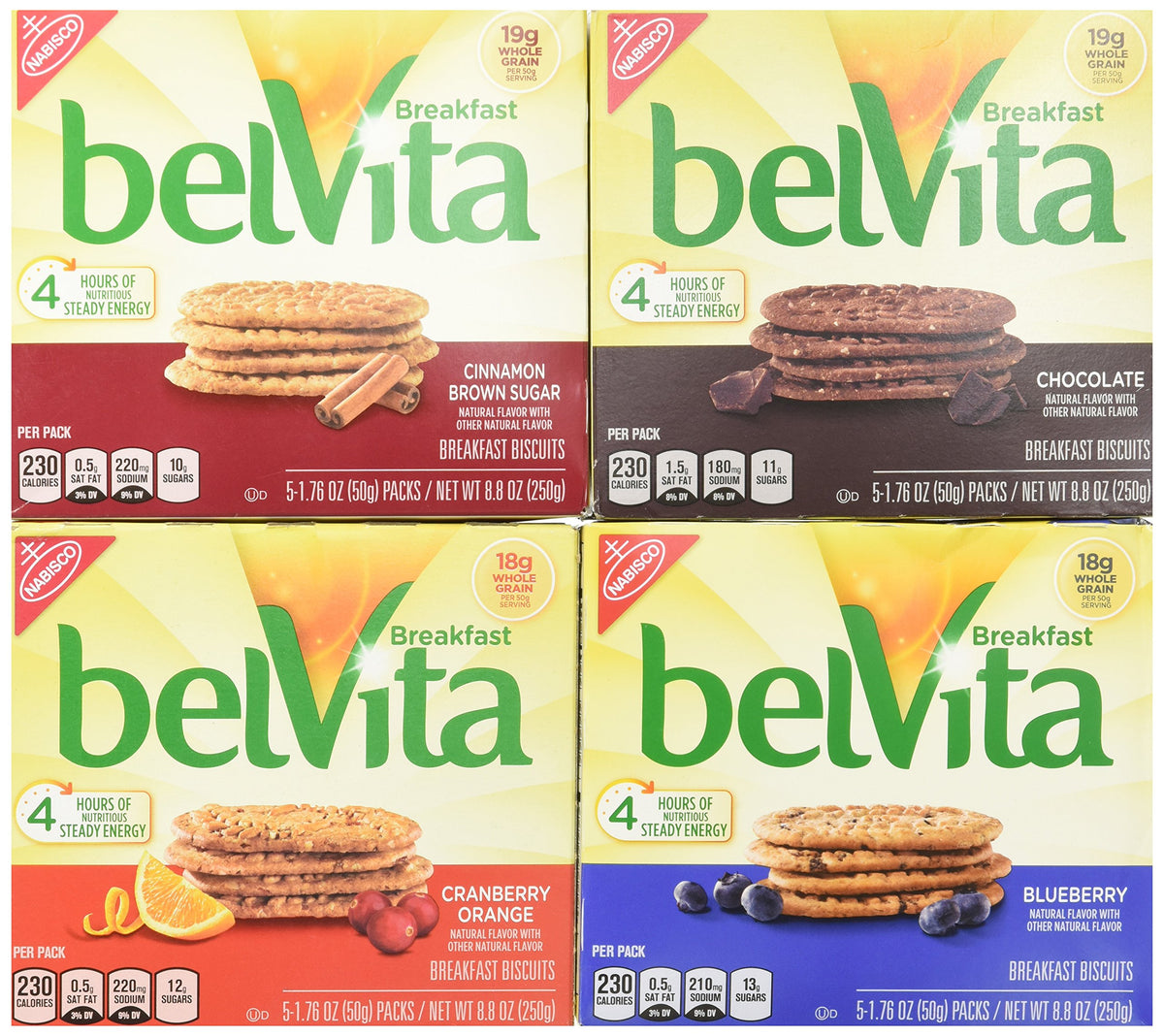 BelVita variety pack front view showing four boxed flavors for convenient breakfasts