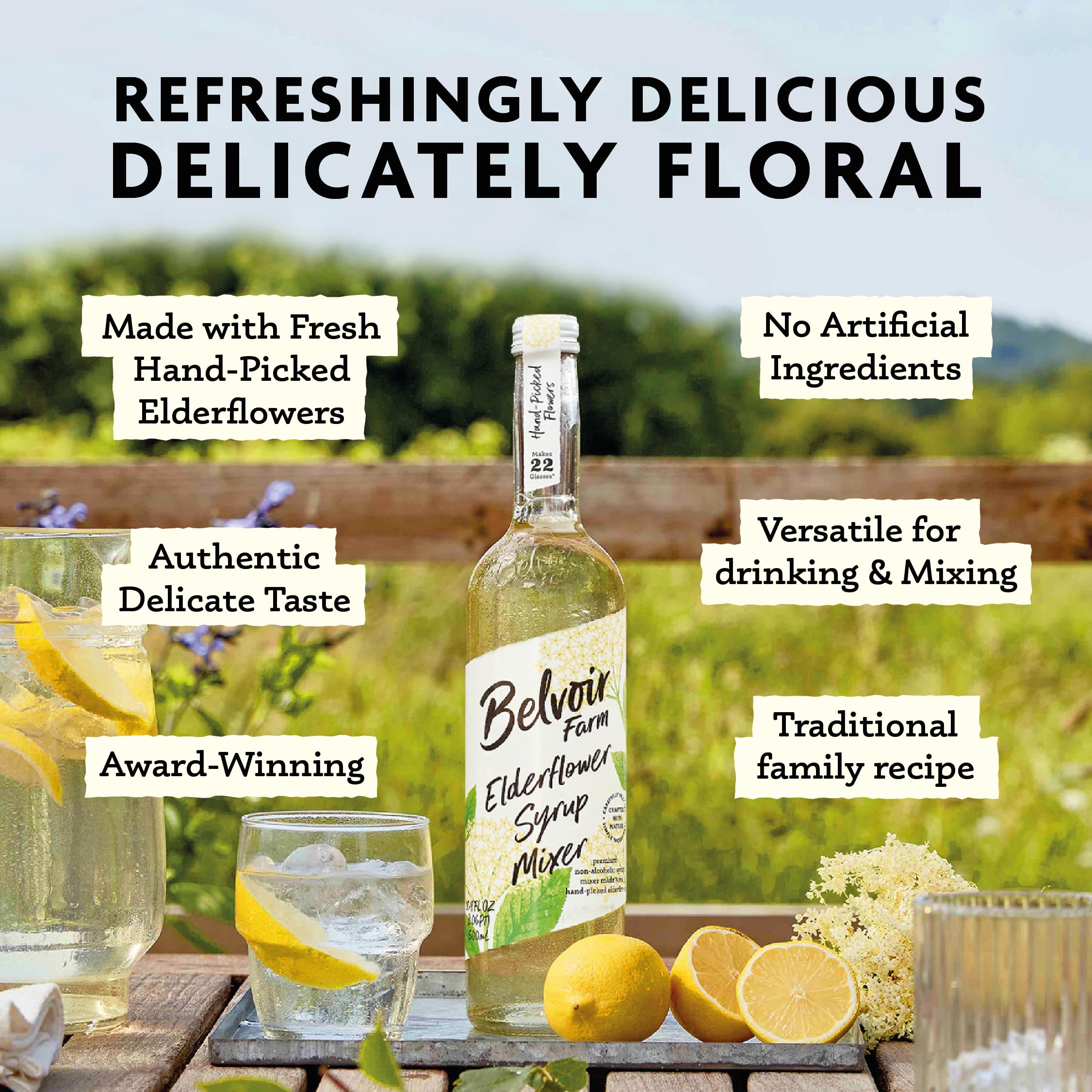 Belvoir Fruit Farms fresh elderflowers and ingredients arranged to show natural origin