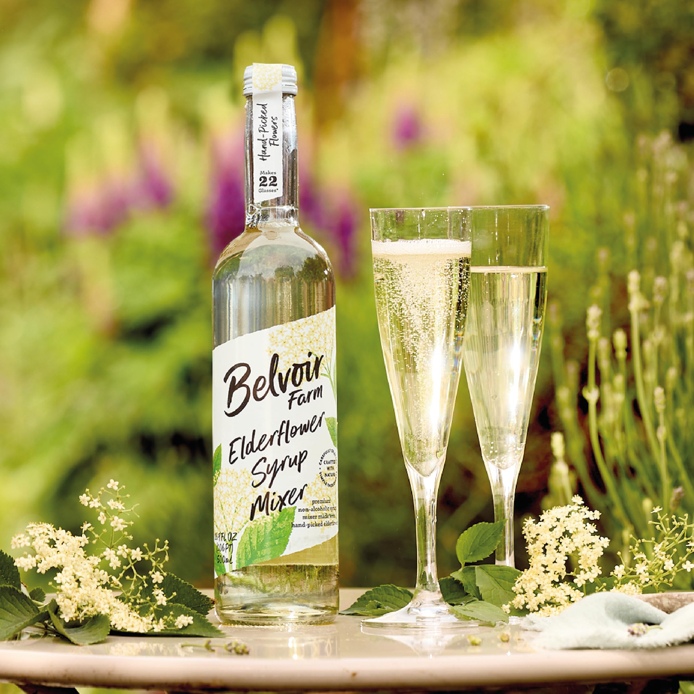 Belvoir Fruit Farms elderflower cordial in cocktail showing mixology pairing ideas