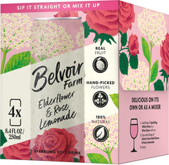 BELVOIR FRUIT FARMS front pack showing four cans and floral design, suggests premium refreshment