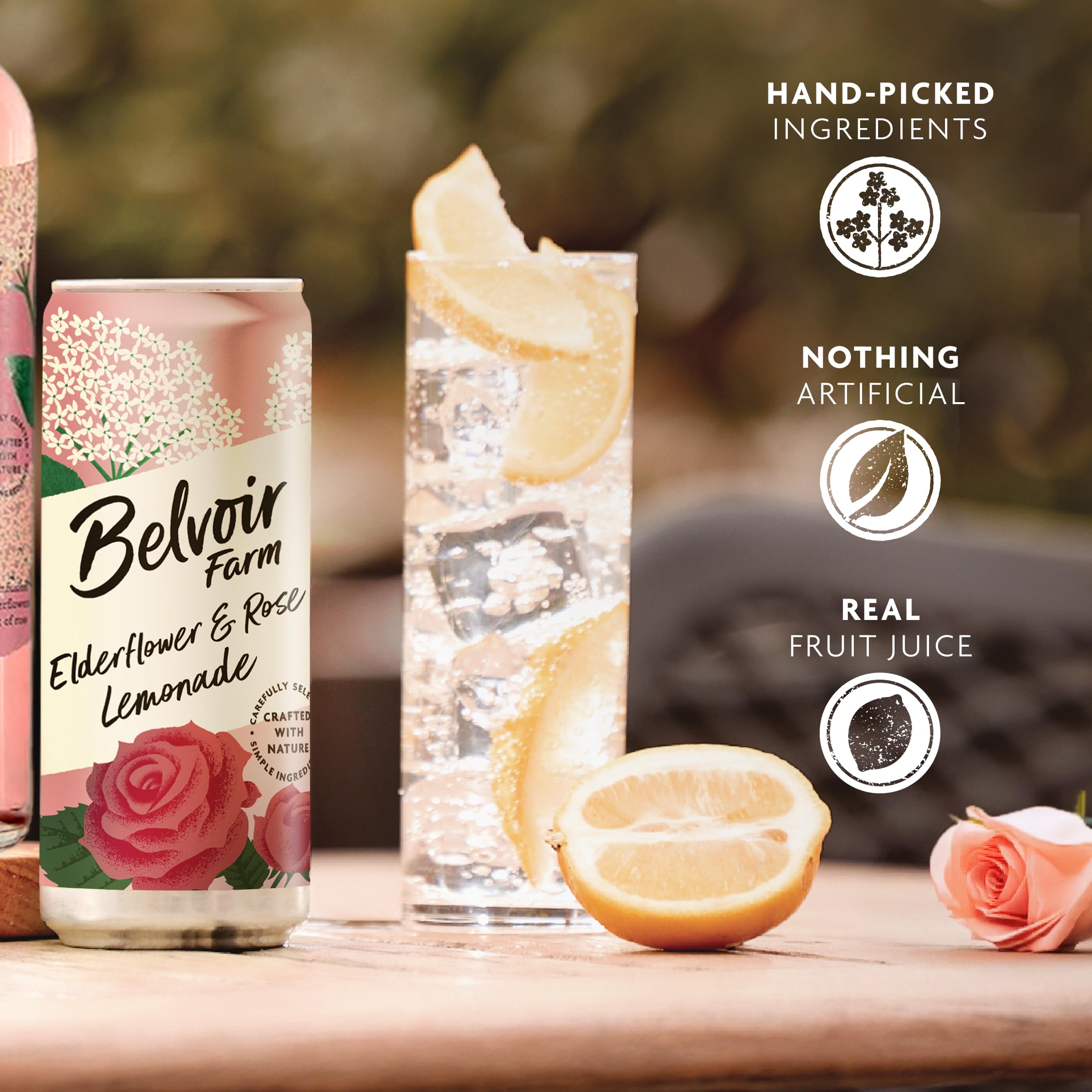 BELVOIR FRUIT FARMS being poured into a glass over ice, shows immediate serving appeal