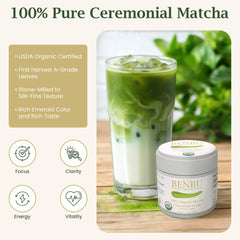 Benbu open tin revealing vibrant matcha powder for easy scooping