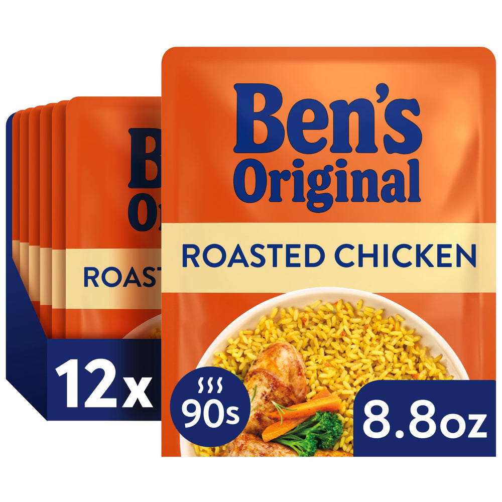 Ben's Original front packaging showing roasted chicken rice for fast preparation