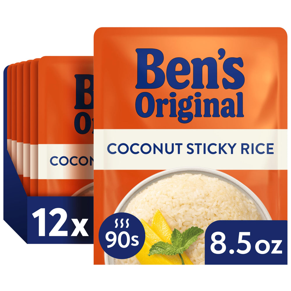 Ben's Original front packaging showing coconut sticky rice multipack and convenience