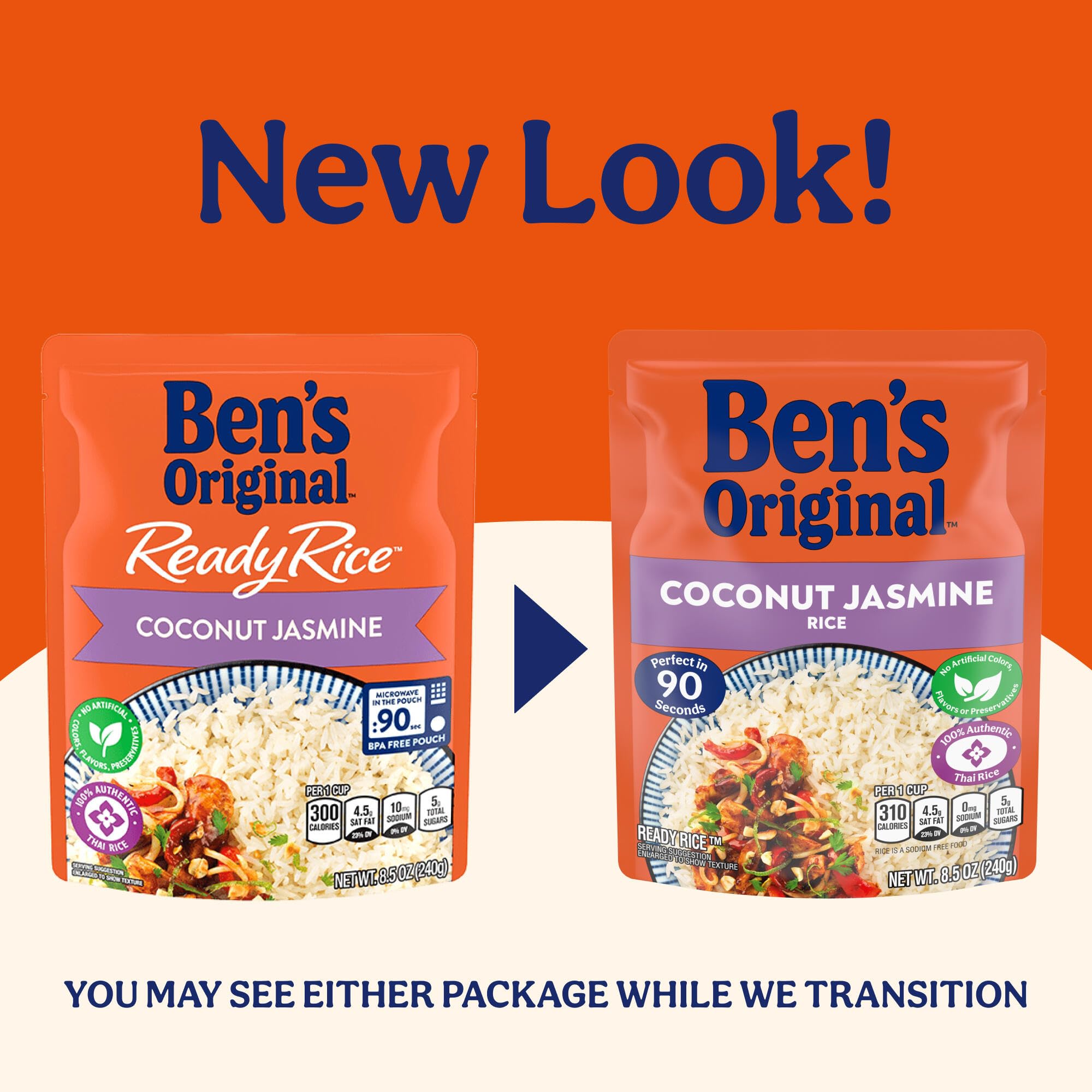Ben's Original open pouch spilling coconut jasmine rice, quick meal benefit visible