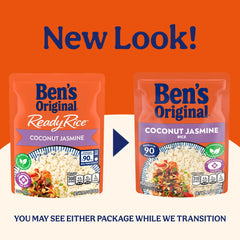 Ben's Original open pouch spilling coconut jasmine rice, quick meal benefit visible