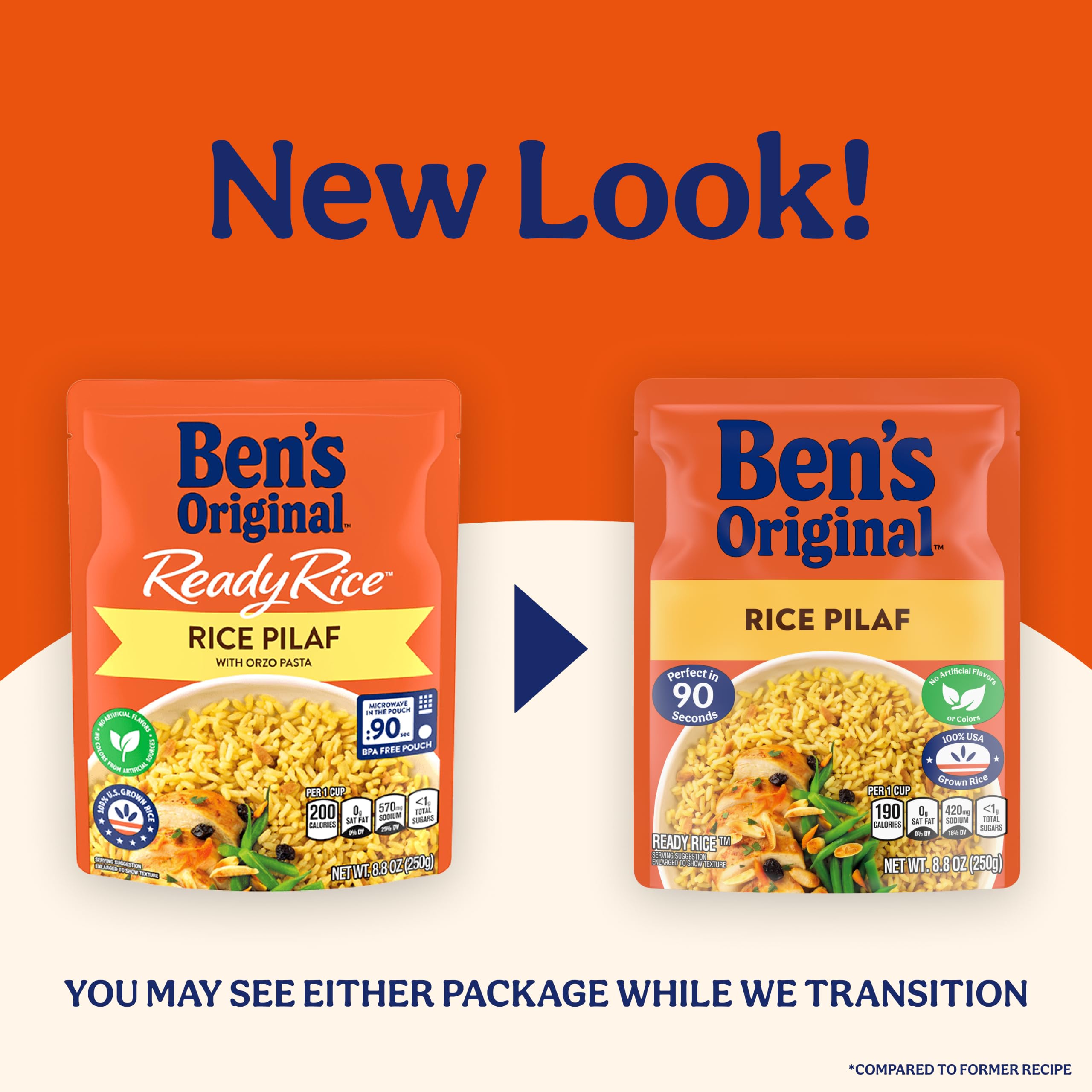 Ben's Original open pouch revealing cooked rice and orzo ready to serve
