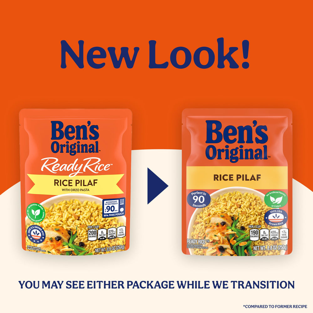 Ben's Original open pouch revealing cooked rice and orzo ready to serve