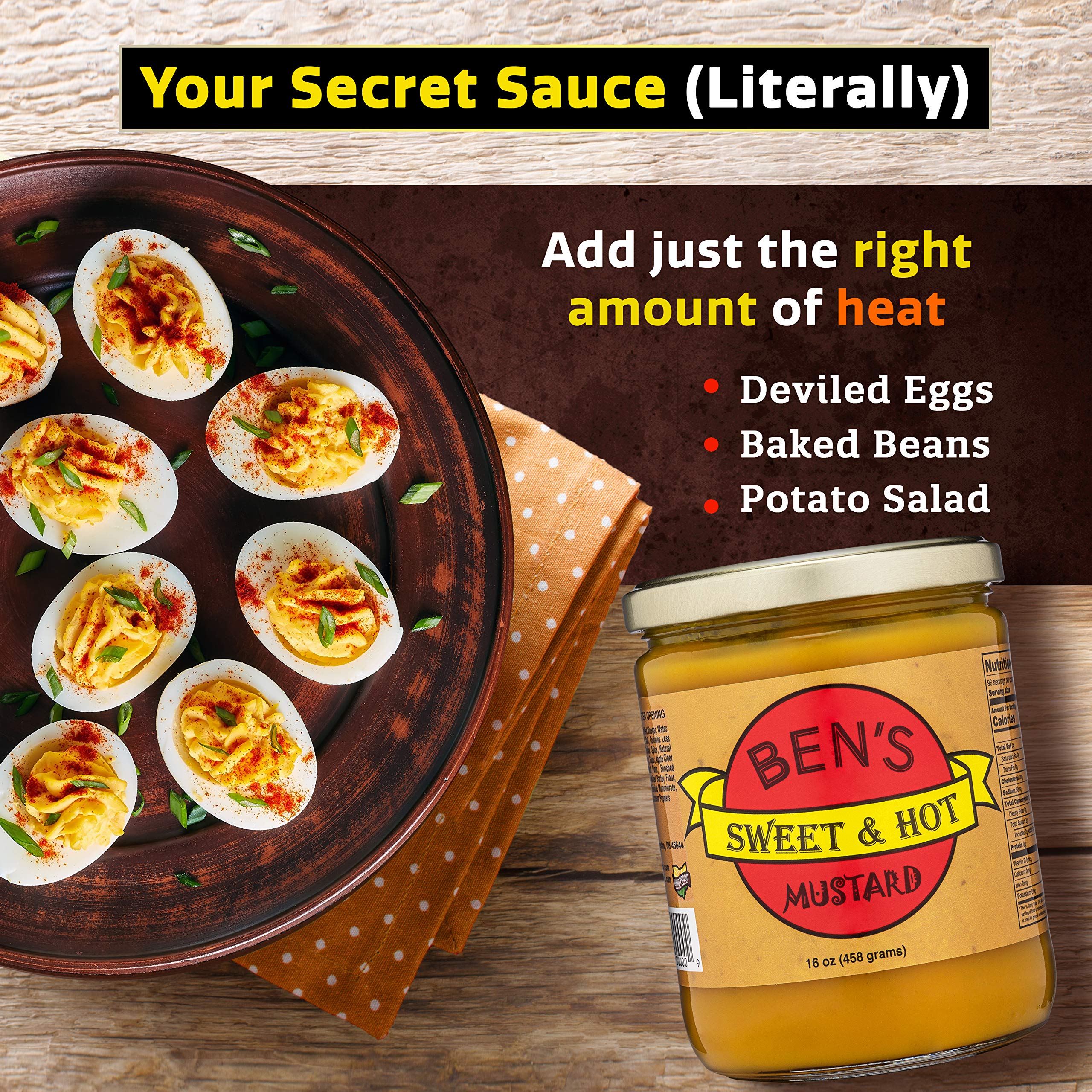 Ben's Sweet & Hot jar next to utensils to show 16 oz size and portion