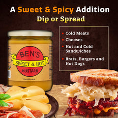 Ben's Sweet & Hot mustard spread on burger adding sweet spicy flavor