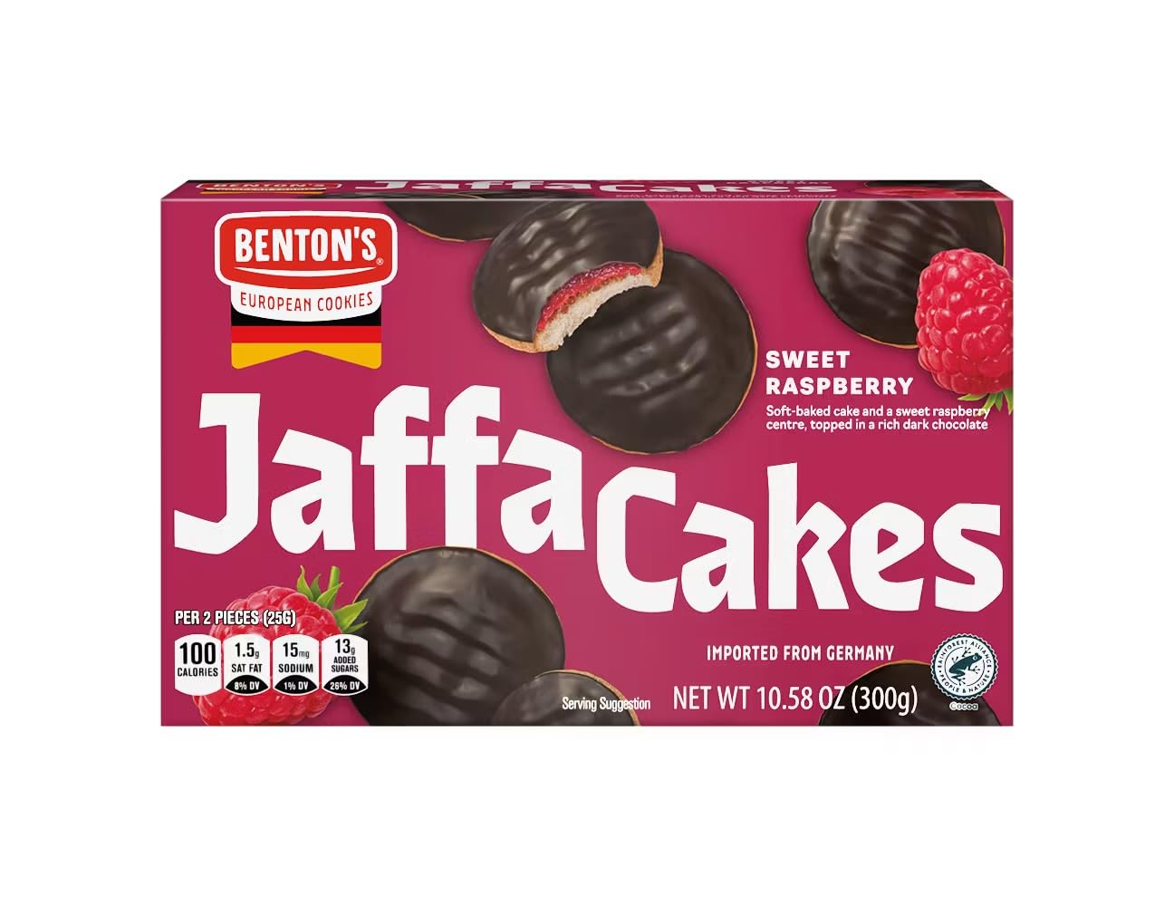 Benton’s boxed Jaffa Cakes front view showing packaging and serving suggestion benefit: ready-to-serve