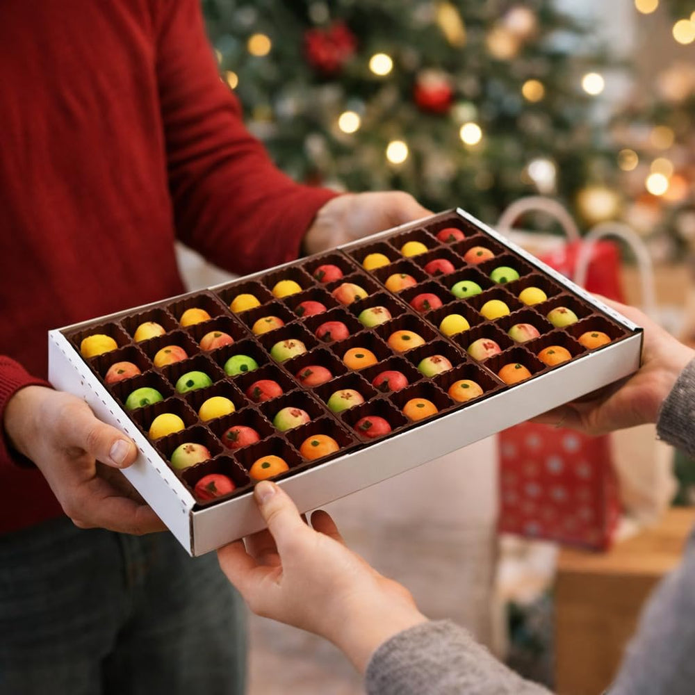 Bergen Marzipan on a serving platter demonstrating decorative dessert use