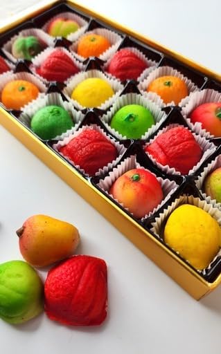 Bergen Marzipan assorted fruit display showcasing colorful shapes and visual variety