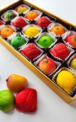 Bergen Marzipan assorted fruit display showcasing colorful shapes and visual variety