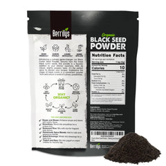 Berrilys close-up of fine black seed powder texture for easy mixing and smoothness
