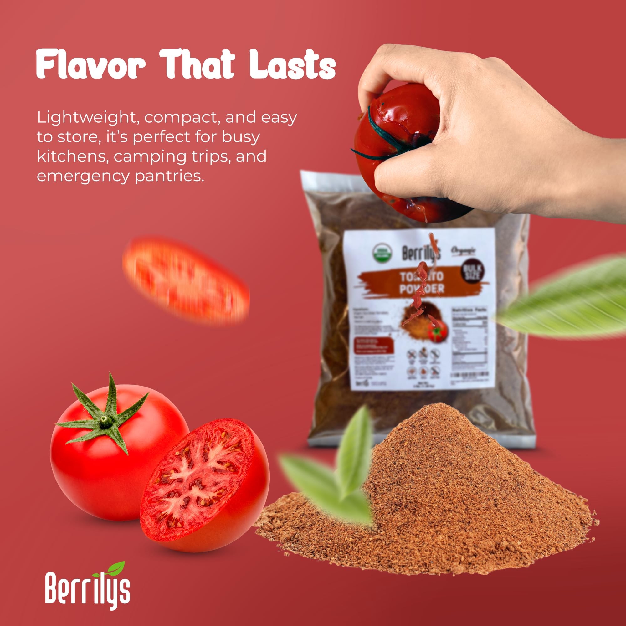 Berrilys powder being mixed into sauce adding instant tomato flavor