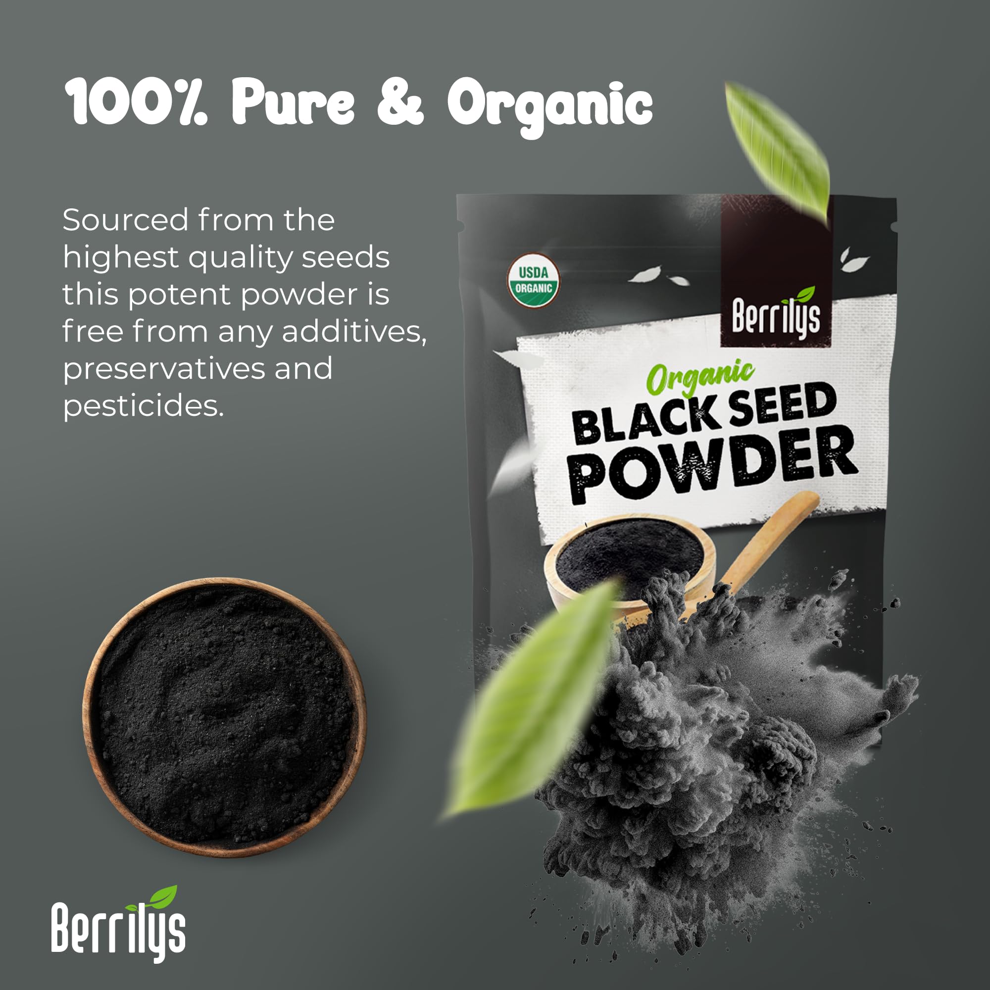 Berrilys black seed powder on wooden spoon highlighting measured portion control benefit