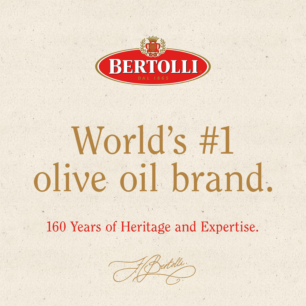 Bertolli bottle beside herbs and vegetables, suggesting culinary versatility