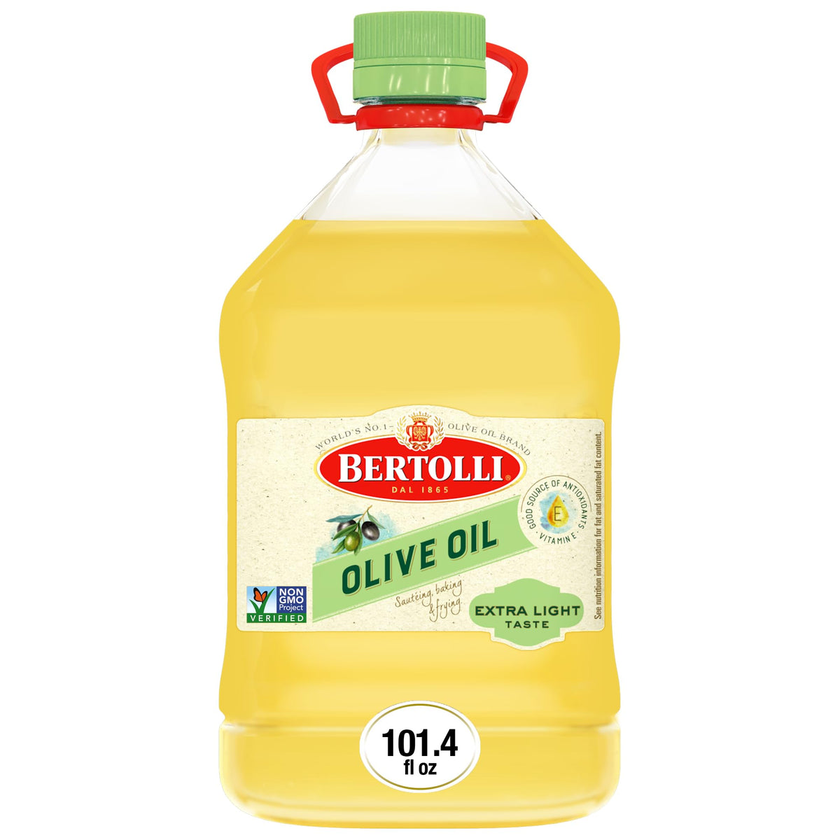 Bertolli front bottle view showing large refill size and convenient pour spout for value