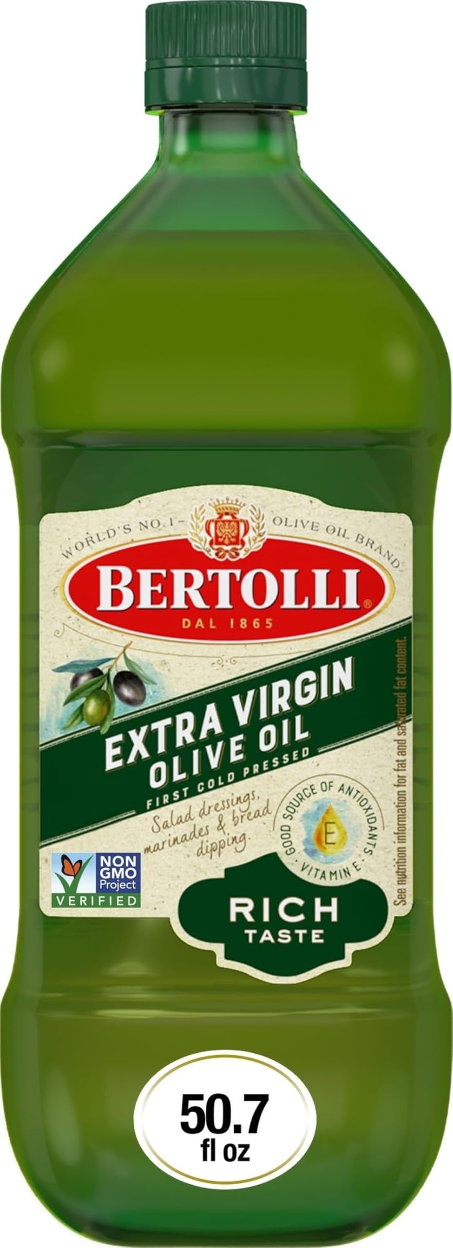 Bertolli front packaging showing 50.7 fl oz bottle and bold label for pantry convenience