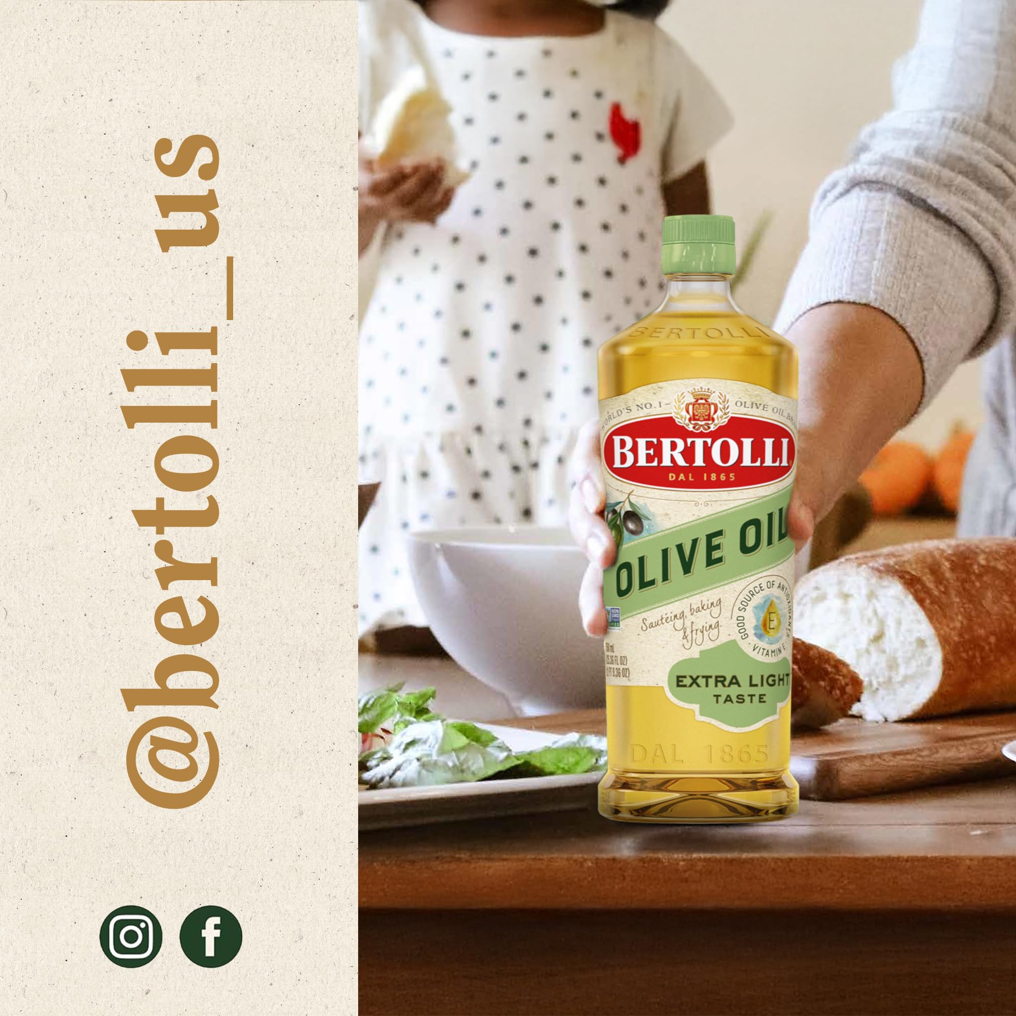 Bertolli bottle on counter in kitchen setting, evokes everyday cooking use