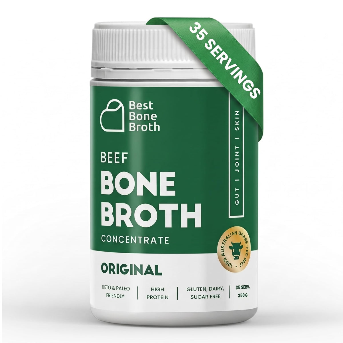 Best Bone Broth front packaging showing label and servings benefit