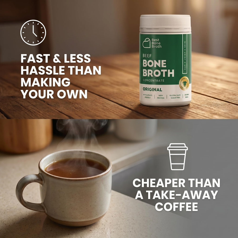 Best Bone Broth served in mug conveying warmth and quick preparation