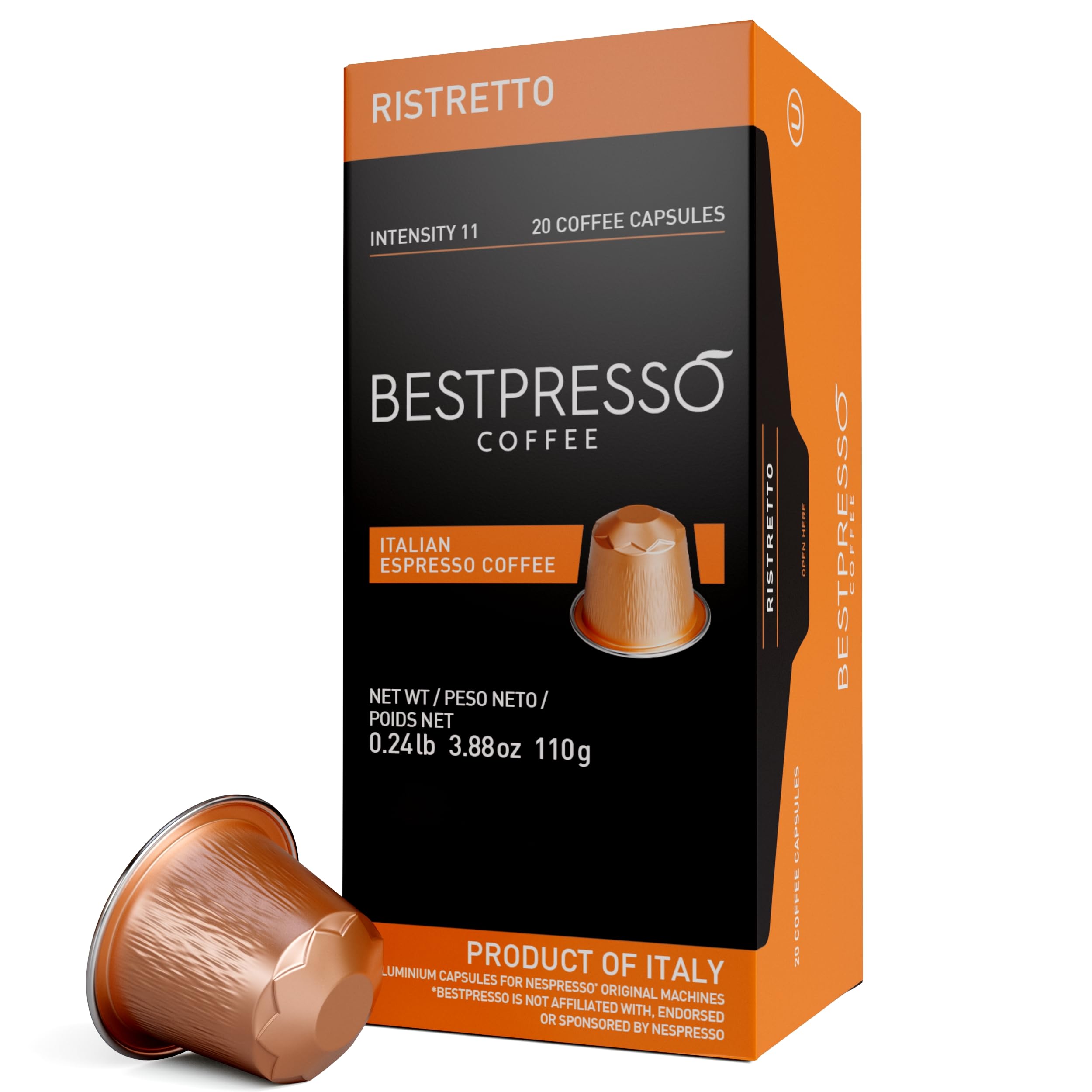 Bestpresso front packaging showing 6 boxes and 120 pods for bulk convenience