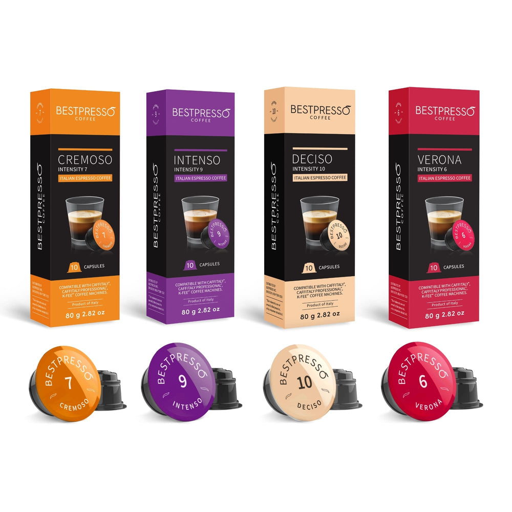 Bestpresso capsules beside compatible machine showing fit and convenience benefit