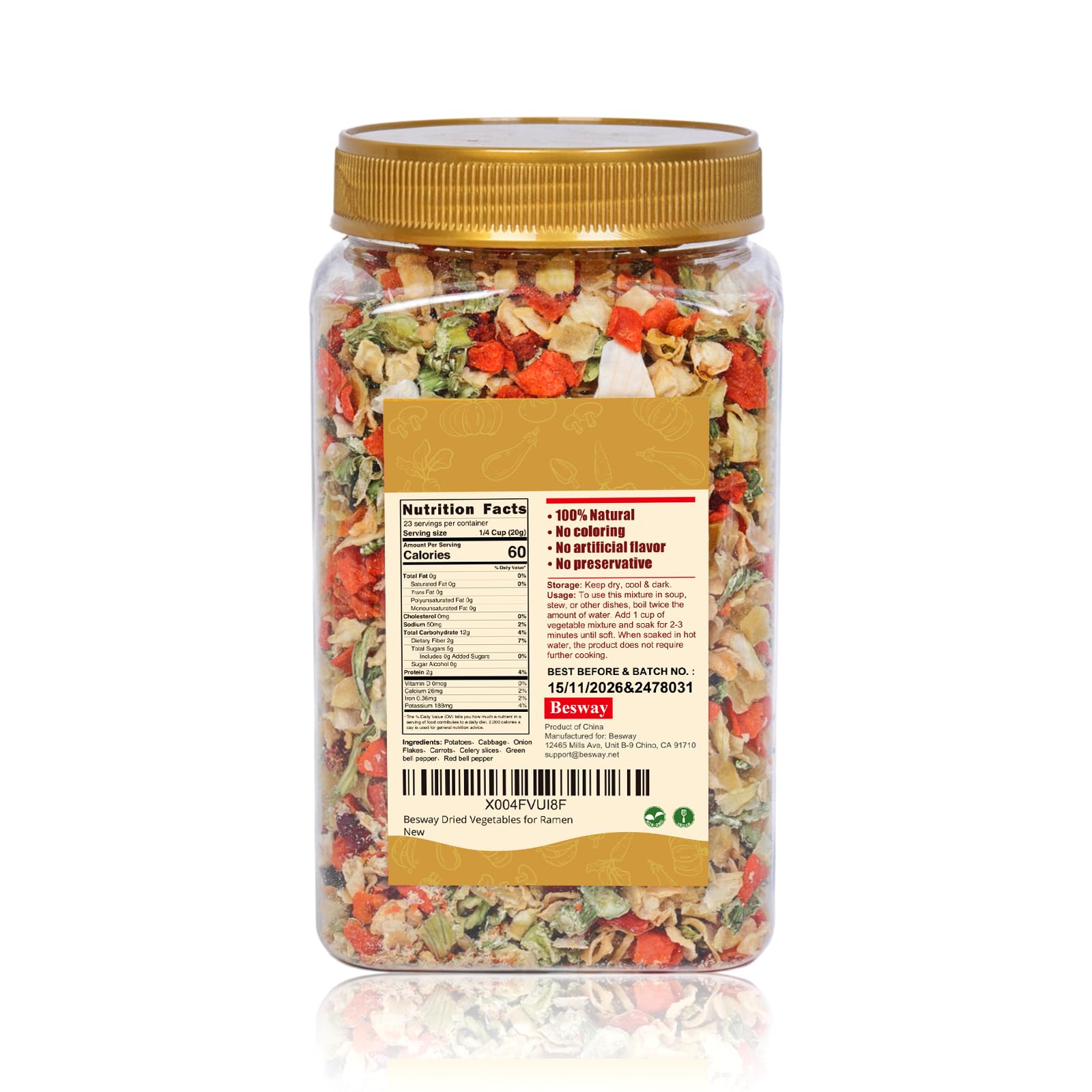 Close up of Besway dried vegetable texture highlighting quick rehydration