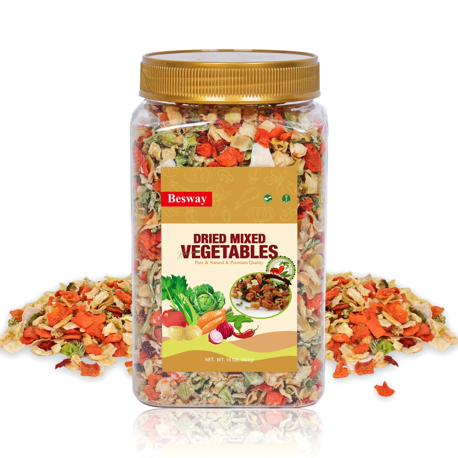 Besway jar front label showing dehydrated vegetables and brand advantages