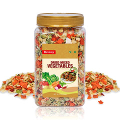 Besway jar front label showing dehydrated vegetables and brand advantages