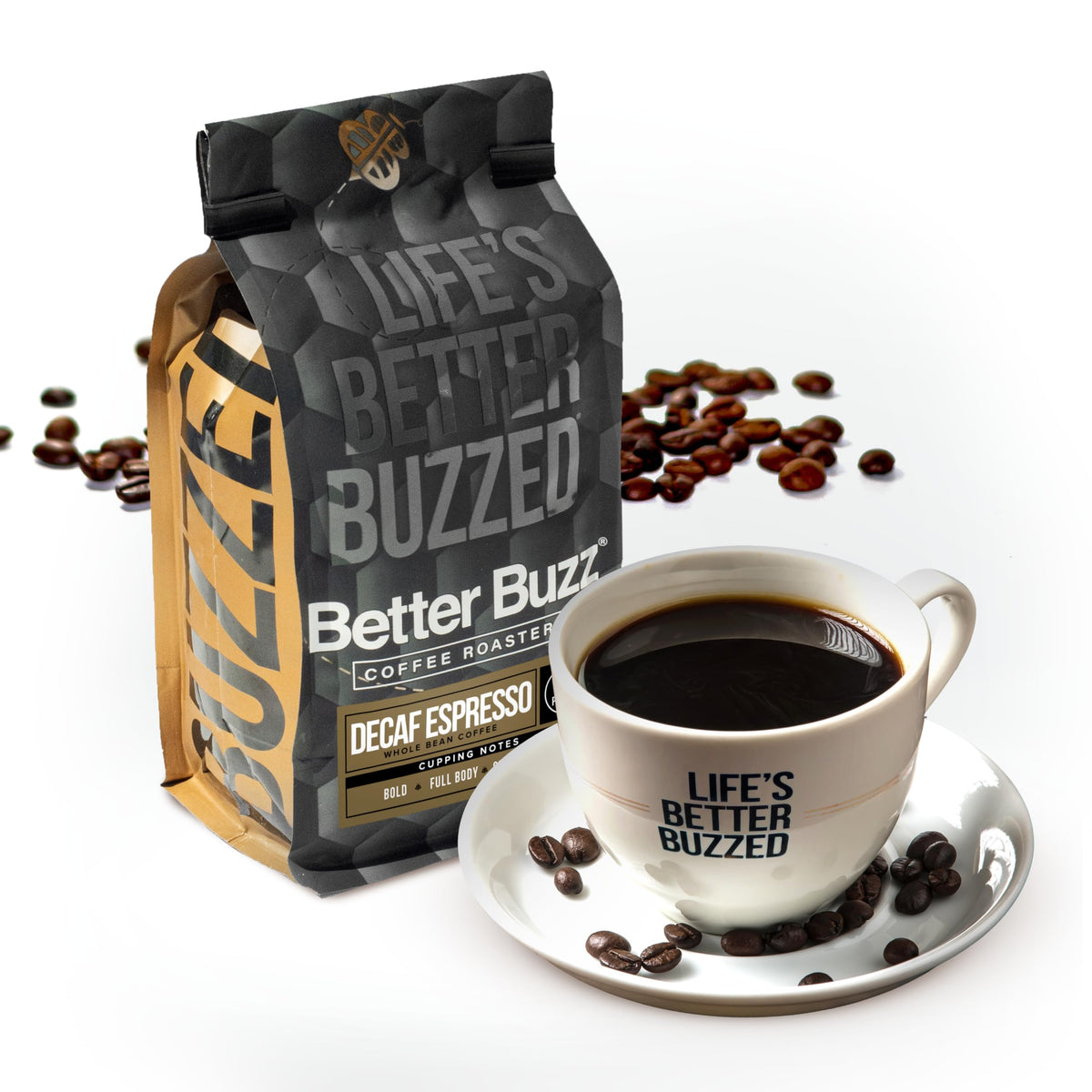 Better Buzz front package 12oz bag showing branding and roast, highlights convenience