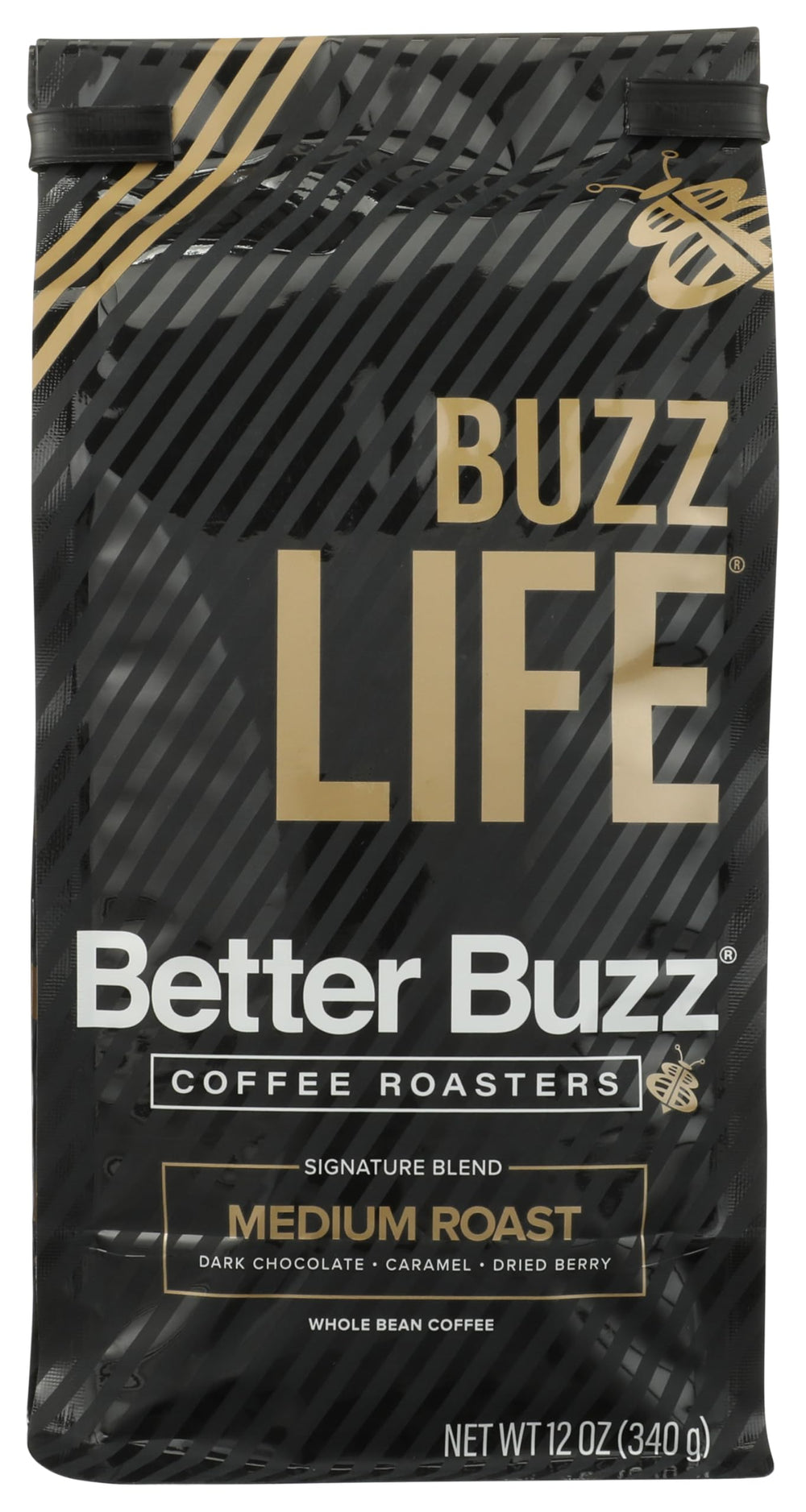 Better Buzz front packaging showing 12oz bag and medium-roast label, highlights freshness
