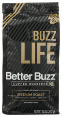 Better Buzz front packaging showing 12oz bag and medium-roast label, highlights freshness
