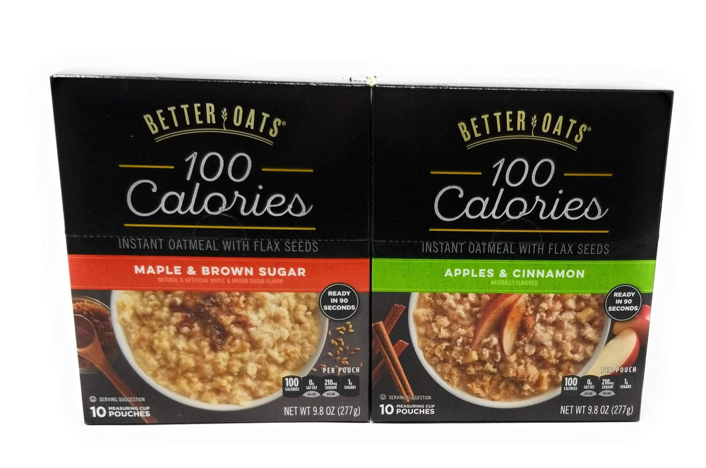 Better Oats front packaging showing both Apples & Cinnamon and Maple & Brown Sugar, convenient variety